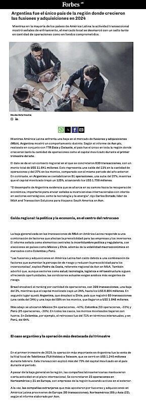Argentina fue el nico pas de la regin donde crecieron las fusiones y adquisiciones en 2024